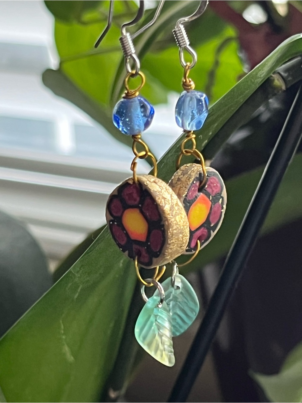 Handcrafted Floral Drop Earrings – Blue, Pink & Gold
